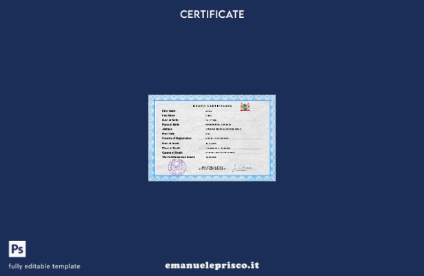 modello PSD del certificato di morte dei documenti di stato civile del Suriname 